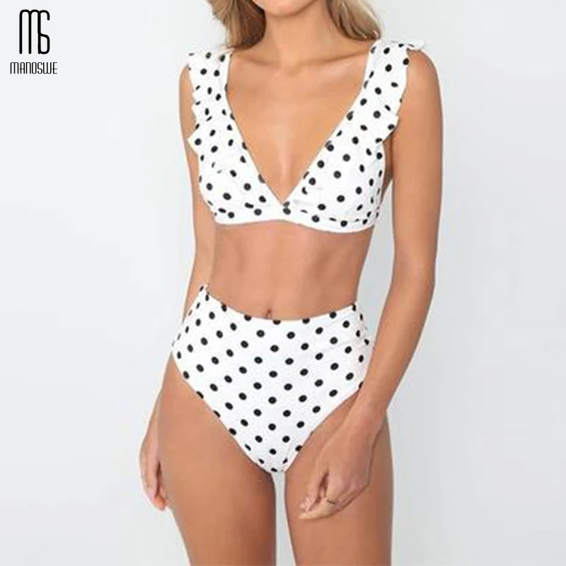 Manoswe Ретро стиль черный и белый волнистый в горошек с оборками женский