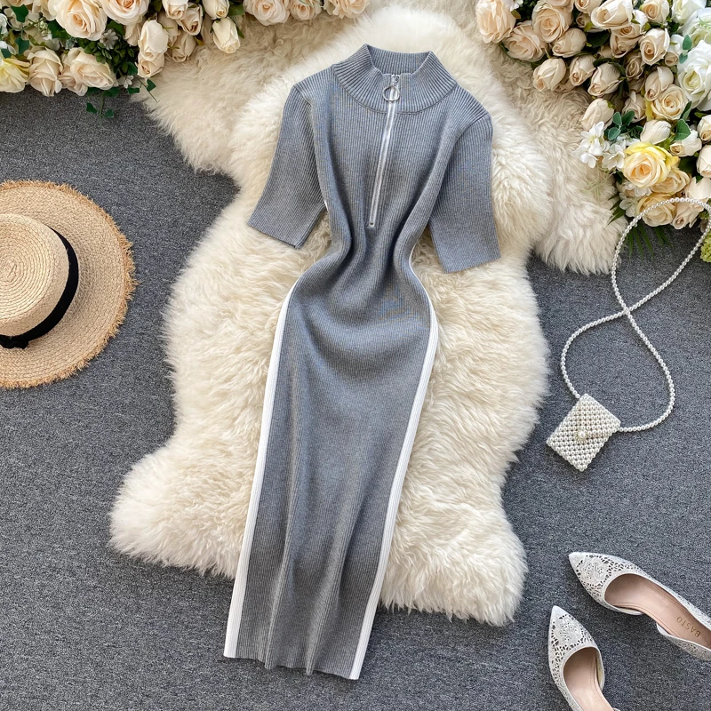 

Round-neck Zipper Striped Short-sleeved Women Summer Casual Knitting Dress Pullovers Mid-calf Stretchy Straight Dress