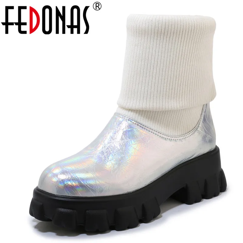 FEDONAS/милые женские сапоги до середины икры на плоской платформе с круглым носком