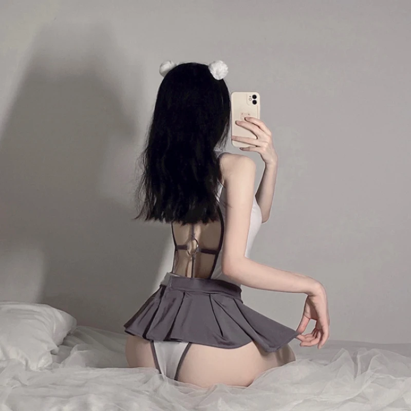 Женское Ажурное боди с бантом и открытой спиной плиссированная Милая Мини-юбка