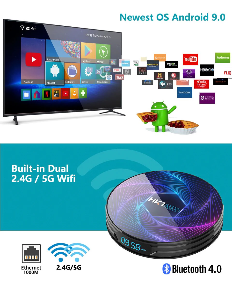 HK1MAX+ Восьмиядерный Android 9,0 Смарт ТВ приставка 4 Гб RK3368 PRO HK1 MAX Plus 1080P H.265 2,4G/5G Wifi BT 4,0 1000M ТВ приставка