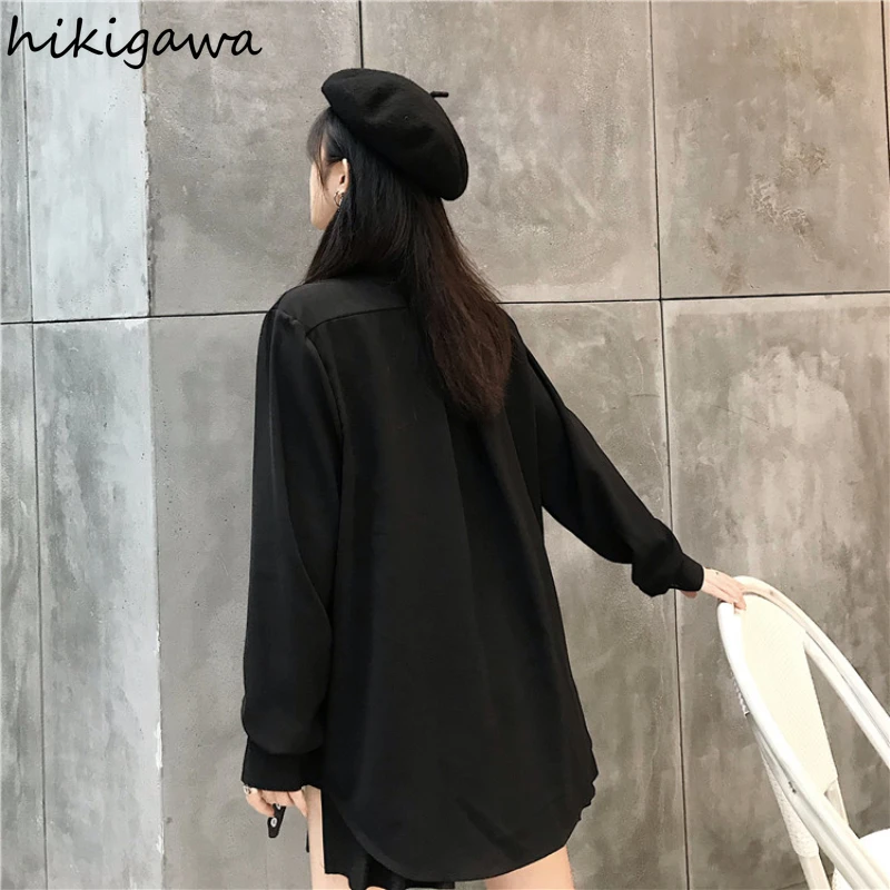 

Hikigawa Long Sleeve Turn Down Collar Tops Mujer Solid Black Goth Blouses Button Up Shirts Casual Pocket Loose Camisas Spring
