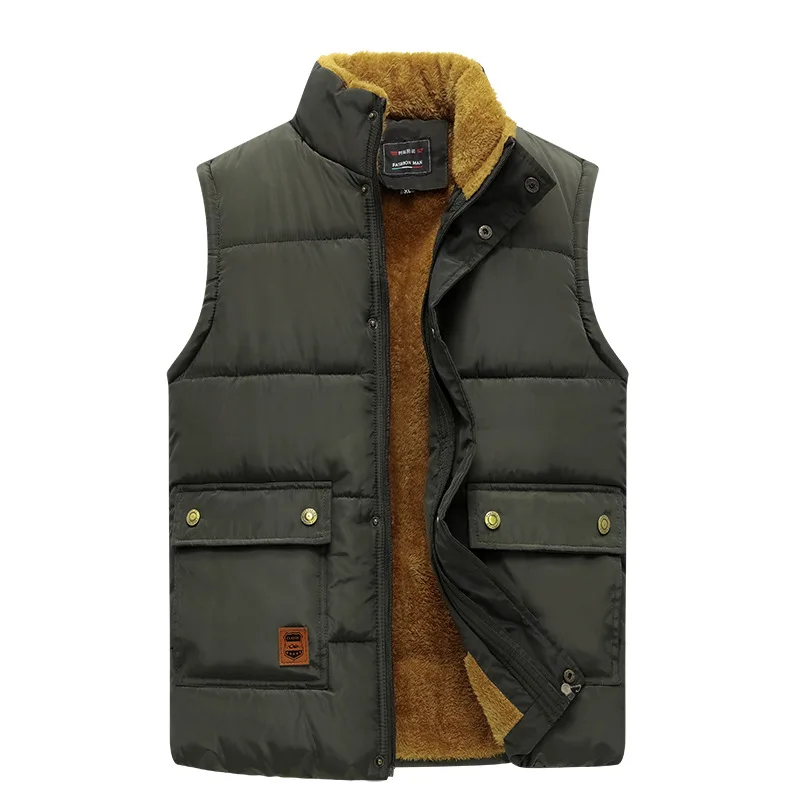 

Men's Winter Fleece Down Button Pocket Vest Stand Collar Zipper Button Sleeveless Gilet For Male Casual Warm Waistcoat