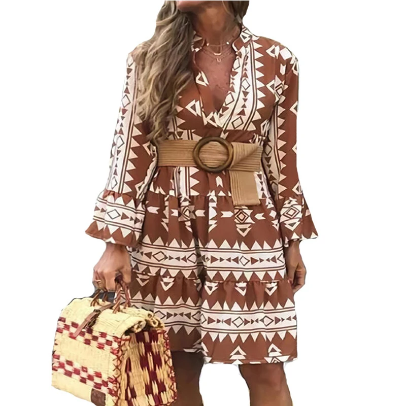 

Women Summer V-neck Elegant Geometric Digital Printed Bell Sleeve Midi Dress