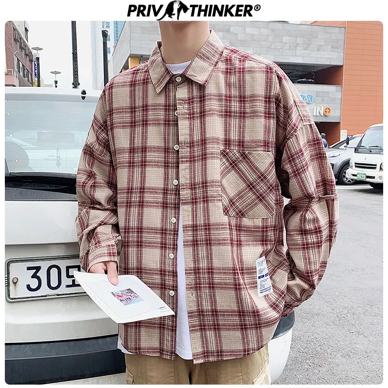 Privathinker повседневный стиль хип хоп в клетку мужские повседневные рубашки с