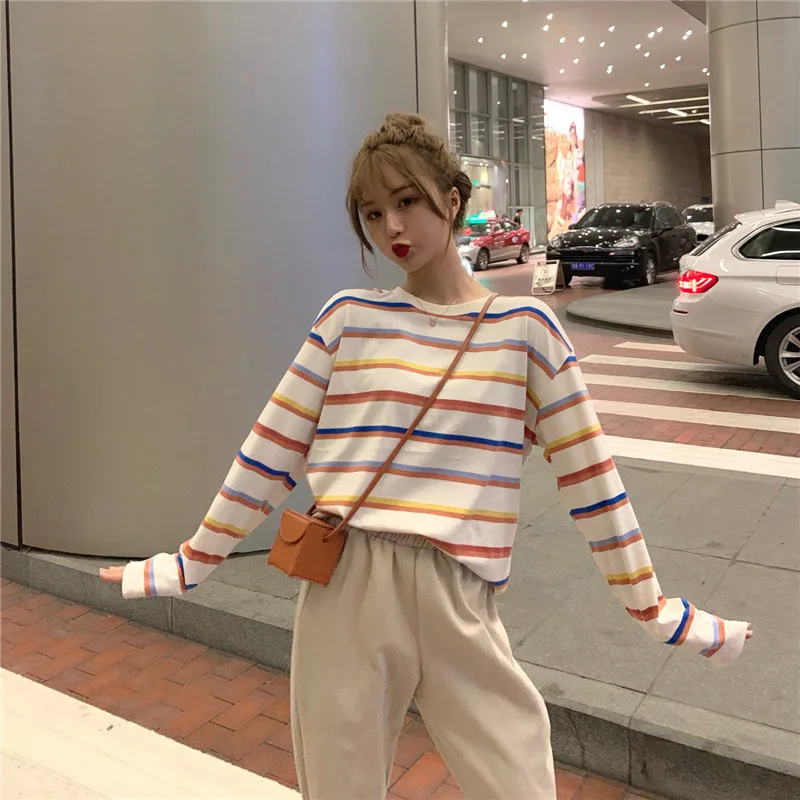 white Радужная футболка для женщин в полоску Kawaii одежда Harajuku корейский Стиль Уличная Эстетическая с длинным рукавом Осень Roupas Feminina О образным вырезом - Цвет: white