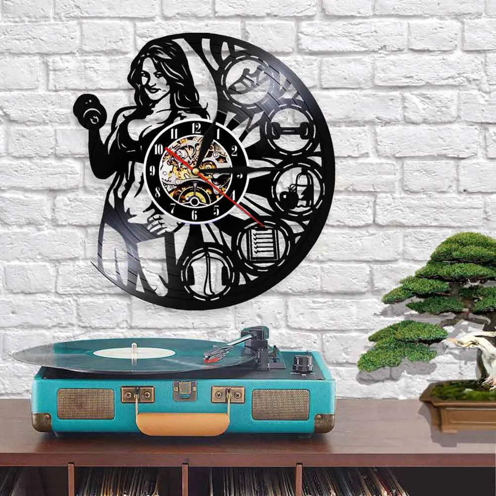 Женские настенные часы с виниловой пластиной для бодибилдинга и тяжелой