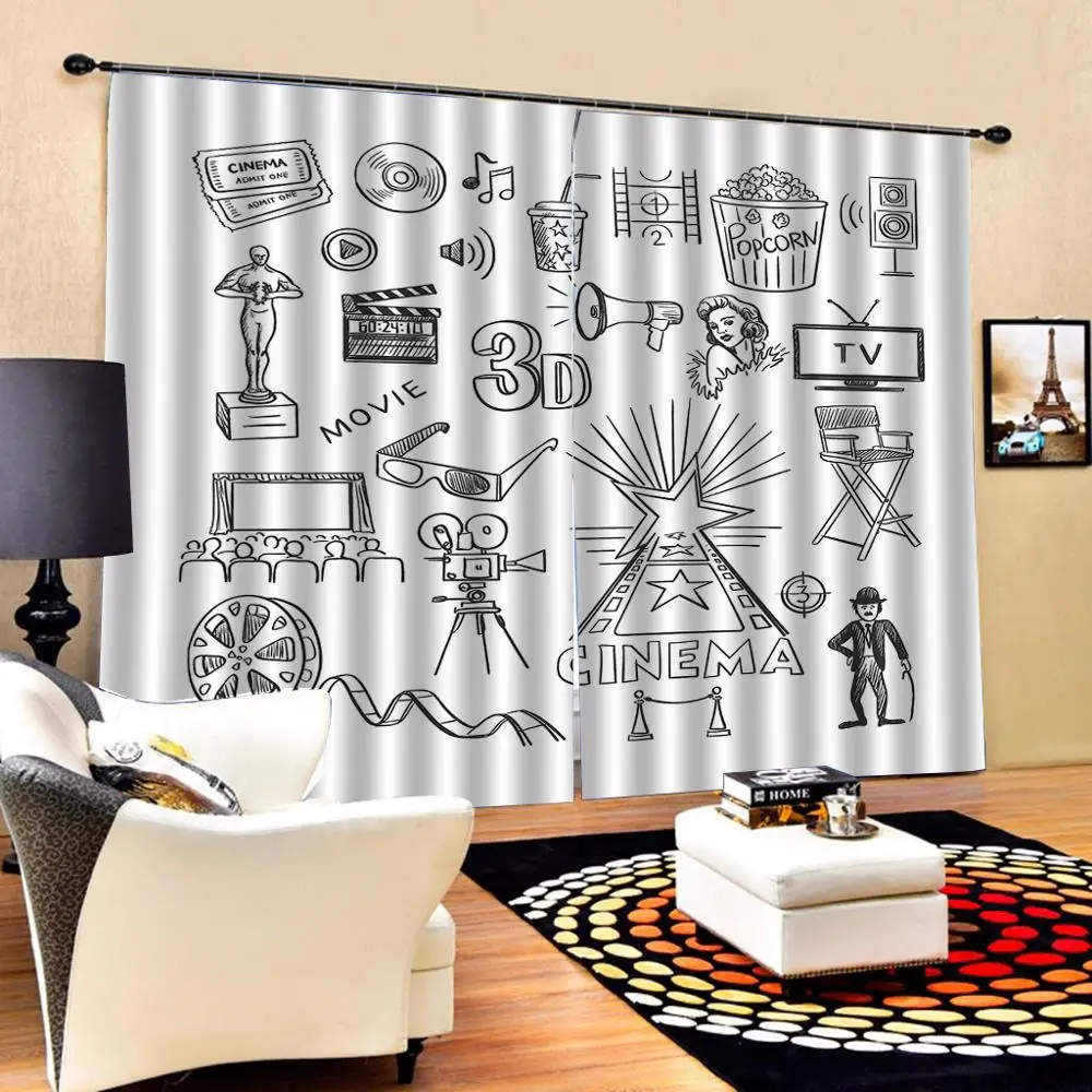 Sketch Drawing 3D Film Reels Clapperboard Tickets Popcorn and Megaphone TV Painting Window Curtain For Living Room Bedroom | Дом и сад