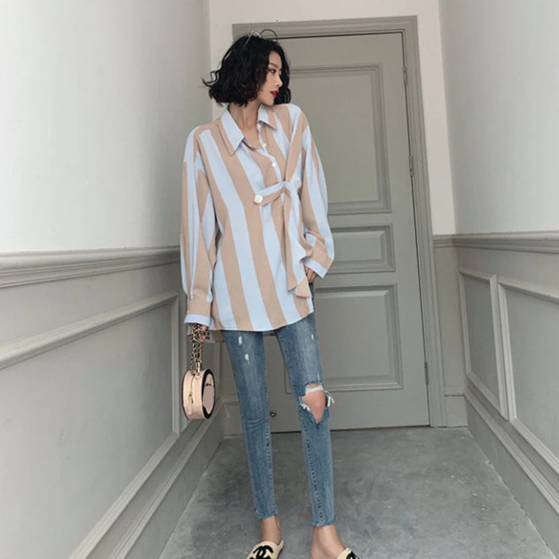 GALCAUR Korean Striped Hit Color Women's Shirt Lapel Collar Long Sleeve Large Size Loose Female Blouses 2020 Autumn Fashion New |