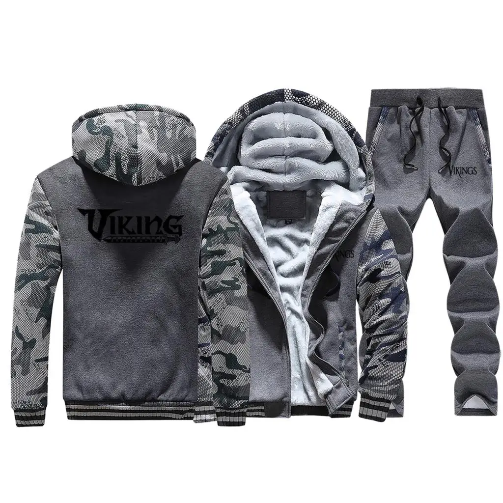 Dark Gray 1 Спортивный костюм VIKINGS, теплая зимняя флисовая толстовка с капюшоном, Мужская камуфляжная куртка, Мужская куртка на молнии+ штаны, 2 шт. в комплекте, спортивный костюм, верхняя одежда - Цвет: Dark Gray 1