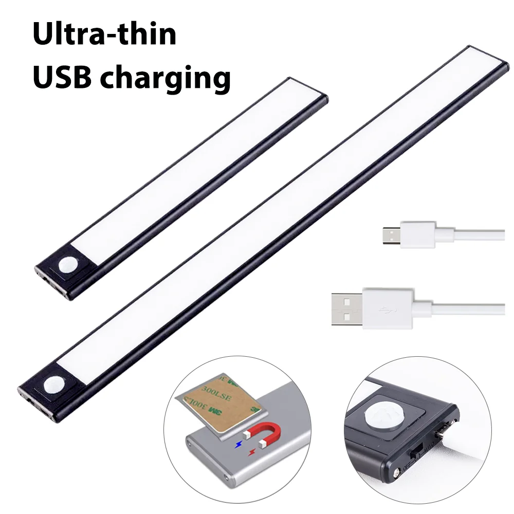 

Ultra-thin USB LED Cabinet Lighting 3 Modes PIR Motion Sensor led Rechargeable Black Aluminum kitchen cabinets lights lighting