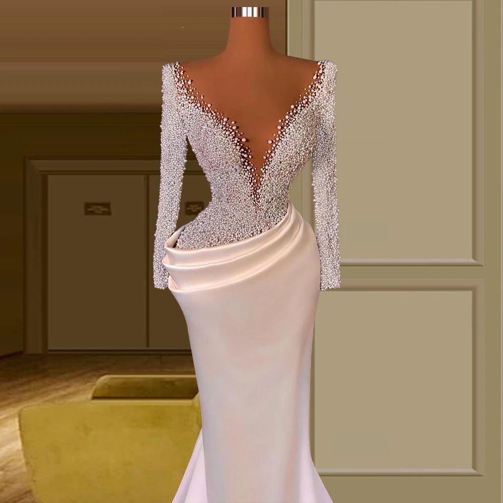 

luxury Pearls Beaded Long Sleeves White vestidos de graduacin vestido de mujer elegante fiesta vestidos de baile dress 2021