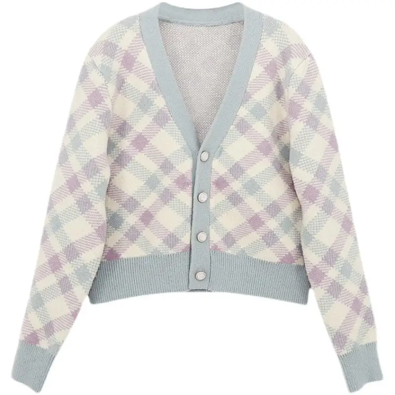

Short color matching rhombus sweater women spring 2022 small fresh V-neck sweater cardigan jacket thin section