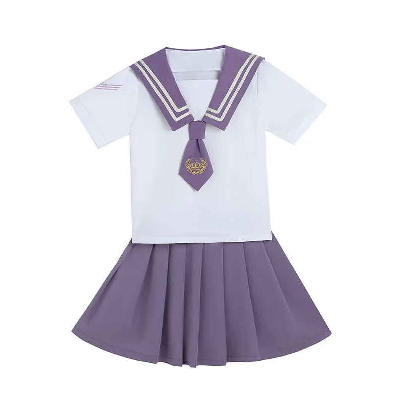 

Summer New Academic Atmosphere Teenage Girls Short Sleeve Pleated Skirt Bow Kids Lovely Style Solid Color Two Piece Set