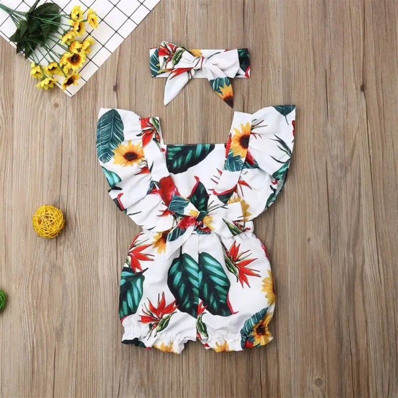 

Baby Summer Clothing Newborn Infant Baby Girl Romper Ruffled Sleeveless Jumpsuit Playsuit + Headband 2Pcs Clothes Outfit