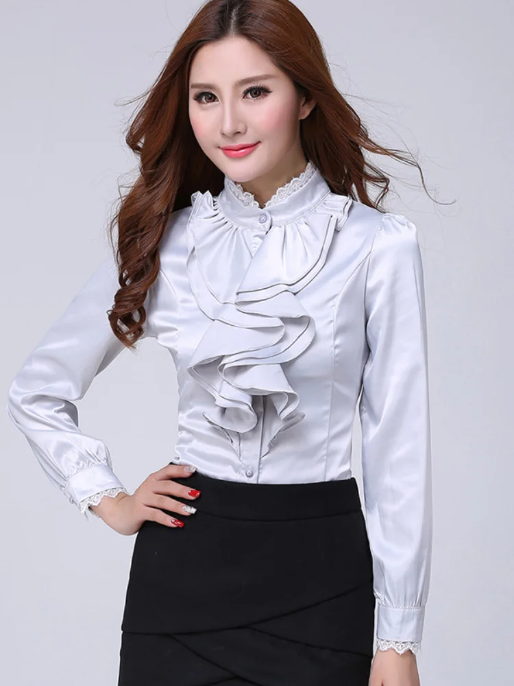 

Women's shirt with pleated collar, elegant women's blouse with ruffle office collar, black white women's shirt