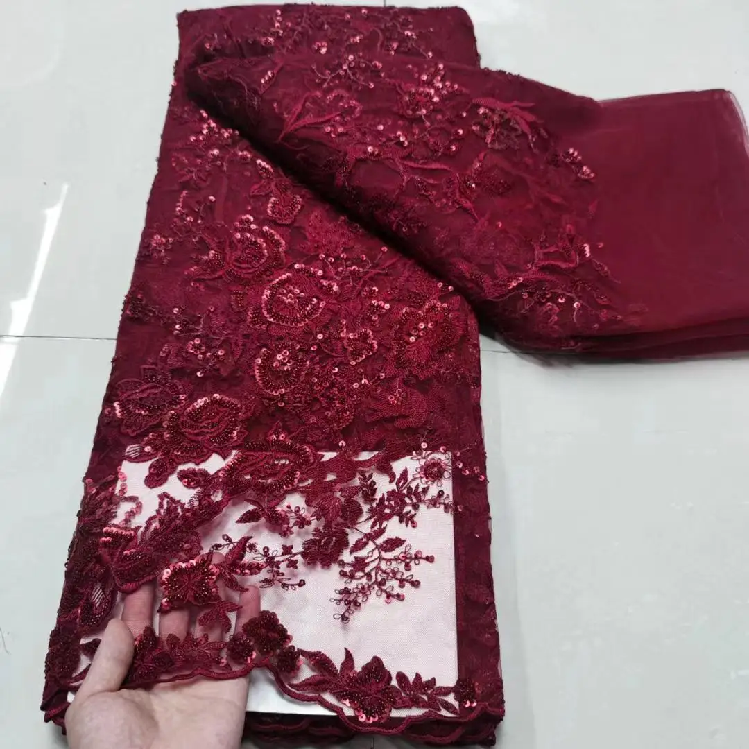 (5 yardas/pc) de alta calidad de color nude Red de encaje francoafricano tubo cuentas tul bordado tela de encaje para el vestido de boda FYY038-4