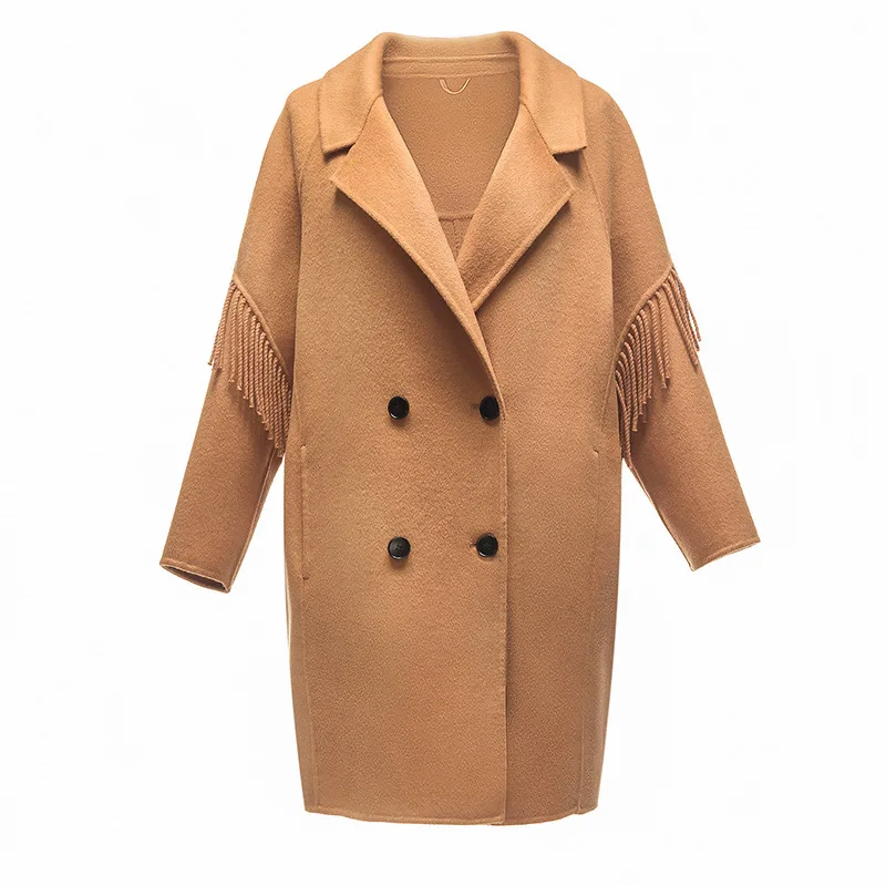 

Autumn Winter Double-Sided Tassel Cashmere Coat Women Suit Office Lady Mid-Length Elegant Loose 100% Wool Blends Outwear Female