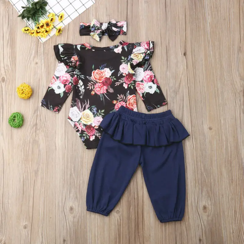 

0-24M 3PCS Baby Outfit Newborn Clothes Autumn Infant Baby Girl Clothes Long Sleeve Floral Tops Romper+Pants Outfit