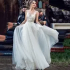 Женское свадебное платье в богемном стиле, шифоновое ТРАПЕЦИЕВИДНОЕ кружевное платье до пола с длинным рукавом и V-образным вырезом сзади, # f30, 2021