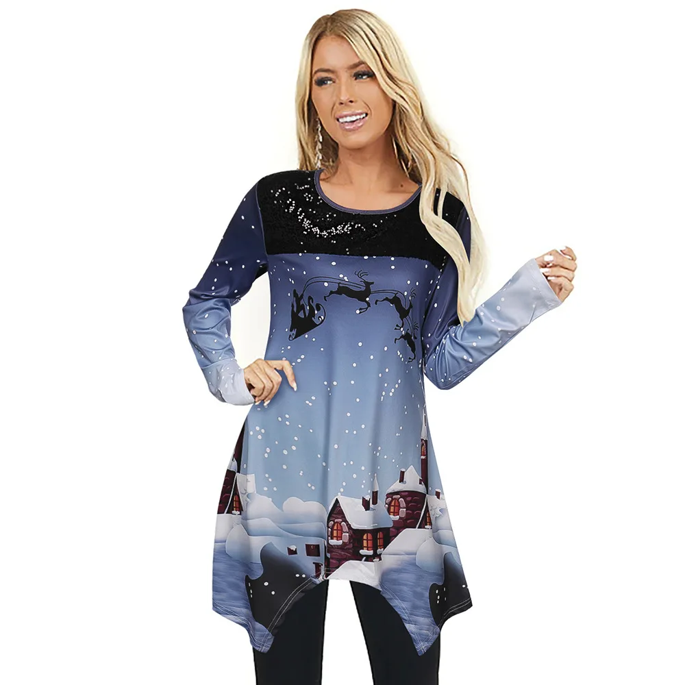 

Women Christmas Printed Long Sleeve O Neck Top Lady Festival Vintage Casual Loose Blouses Loungewear
