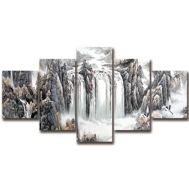 

Canvas Paintings Modular Home Decor 5 Pieces Ink painting Natural Landscape Poster waterfall Pictures Living Room Art Unframed