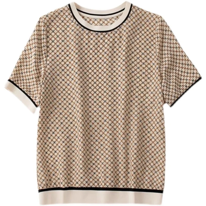 

French Romance Tops Women's Short-sleeved Square Plaid Printed T-shirt 2021 Summer New Ribbed Elegant Mulberry Silk T-shirt