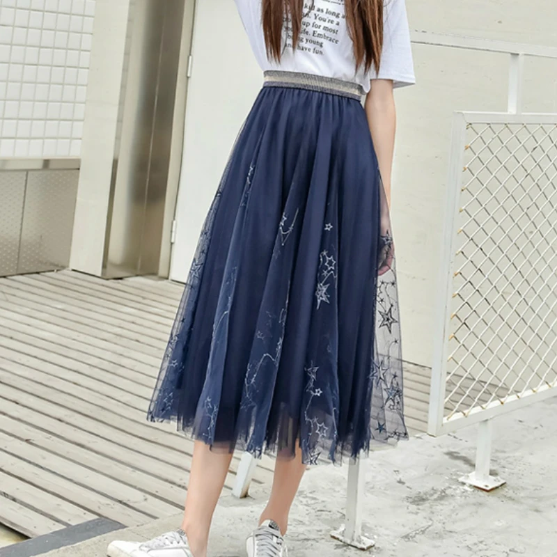 Длинная фатиновая юбка до щиколотки со Звездной вышивкой металлик звездами и