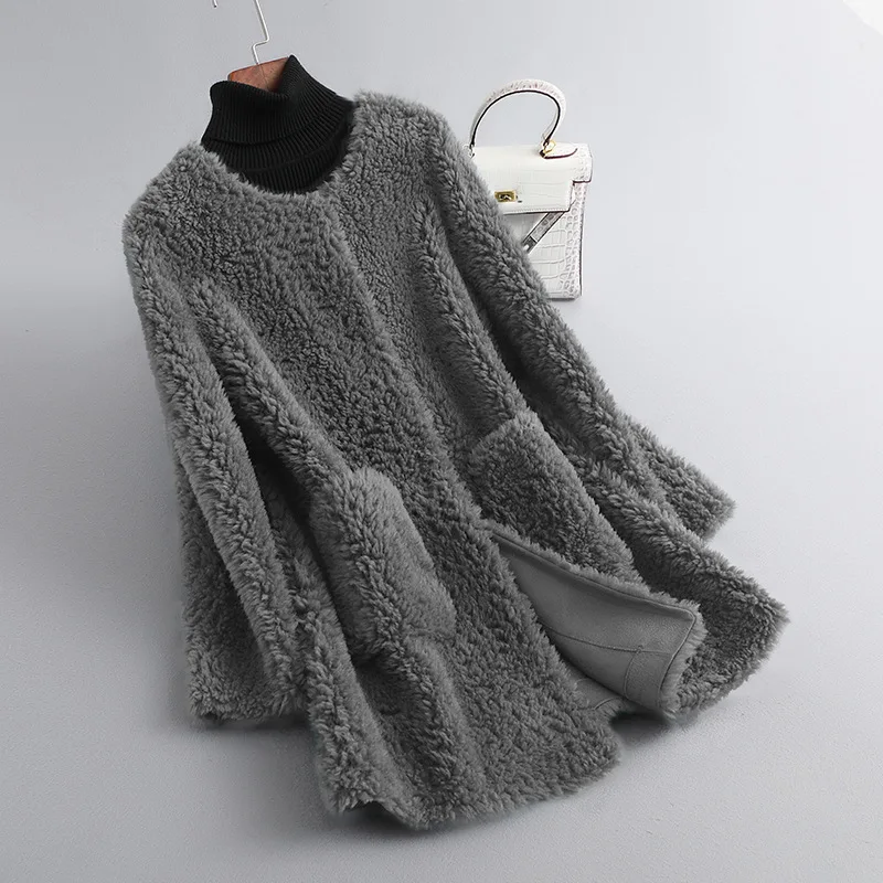 

MENINA BONITA 2021 New Single Breasted O-Neck Weave Real Natural Wool Fur Coat Winter Jacket Women Loose Thick Warm Streetwear