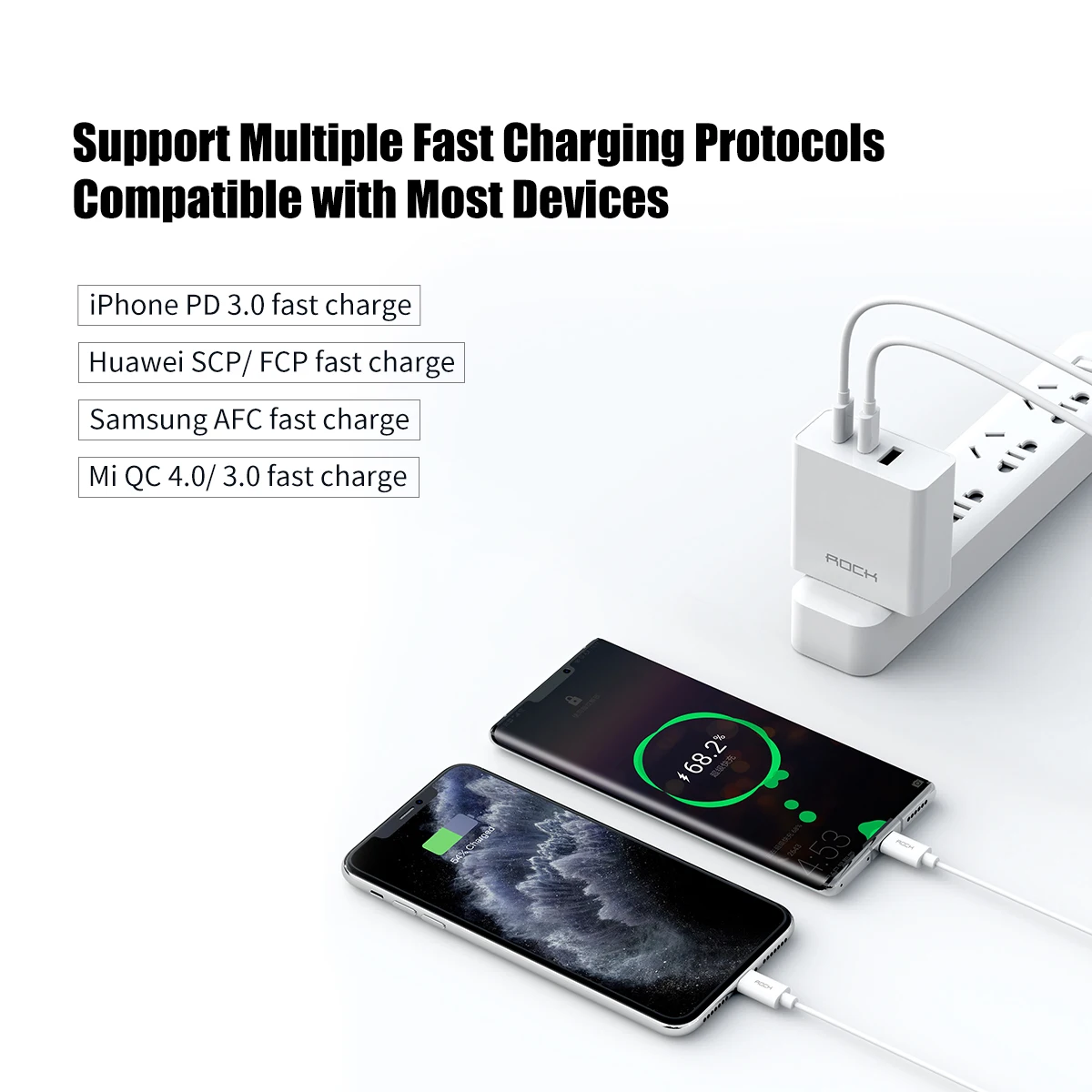 rock 65w gan charger for laptop iphone 12 mini 13 pro max macbook dell 3 ports usb type c qc 4 0 fast pd wall charger for xiaomi free global shipping