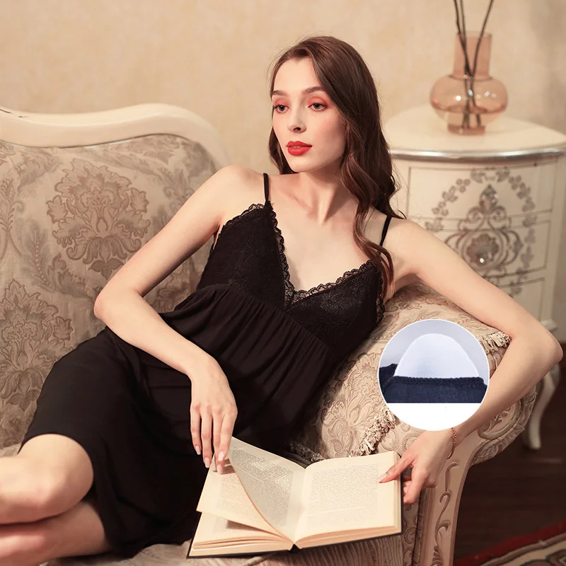 SR028 Plus Size Summer Modal Solid Lingerie Womens Sleepwear Sexy Nightdress Casual Nightgown Comfortable Lace Nightwear