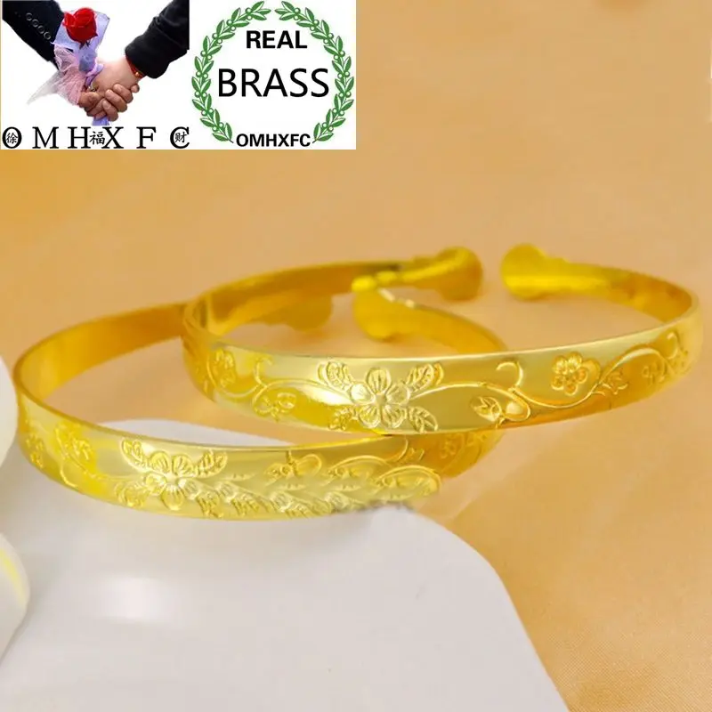 

OMHXFC Оптовая Продажа Европейская мода Женская Девушка Вечерние День рождения Свадьба подарок цветок сливы открытые золотые латунные браслеты BE288
