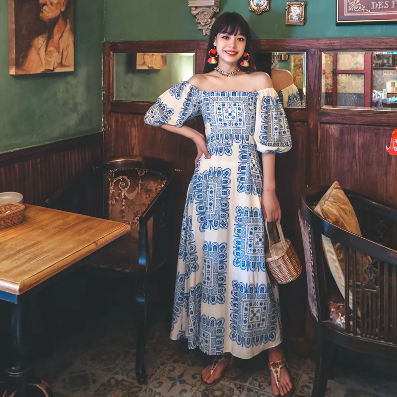 

Женское винтажное офисное платье с рюшами, синее эластичное платье средней длины с рукавами-фонариками, вырезом лодочкой и винтажным принт...