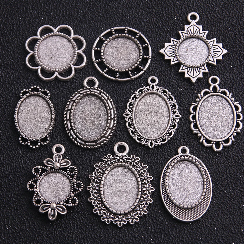

6pcs/lot 10 Style Antique Metal Alloy Cameo 13*18mm Dia Oval Circular Diamond Cabochon Settings Jewelry Blank Charms