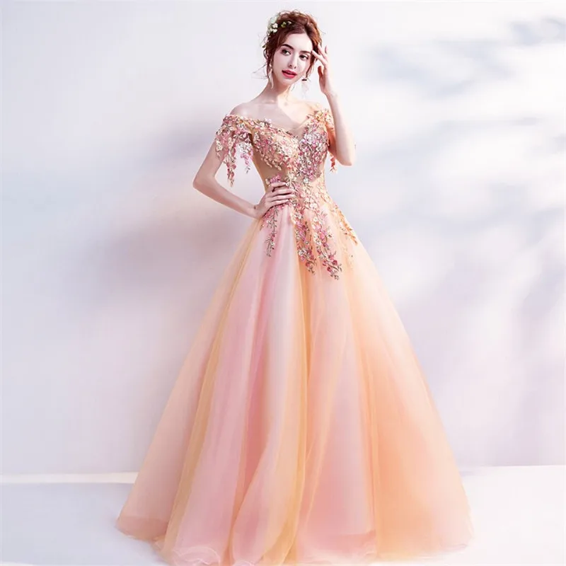 

Europa Neueste Party Damen Off Schulter Blume Applique Vestidos De Fiesta Lange Orange Abendkleid