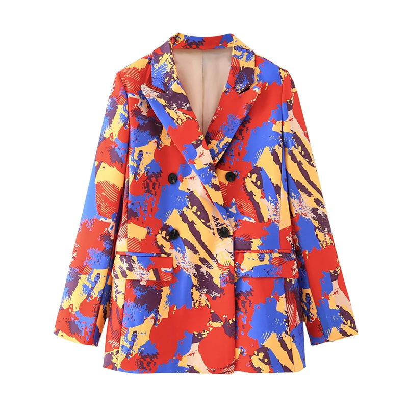 

Tie Dye Graffiti Blazers Women Fashion Double Breasted Print Blazer Coat Vintage Long Sleeve Pockets Female Outerwear Chic Tops