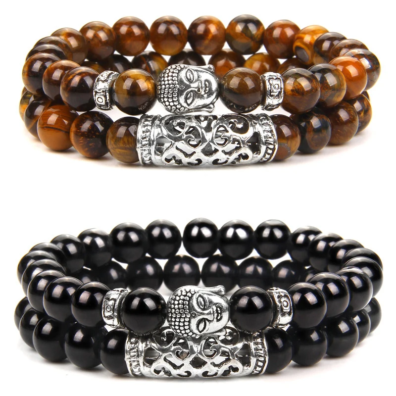 

2pcs Tiger Eye Beads Bracelet Religious Buddha Head Natural Stone Black Lava Bracelets Bangles Women Men Prayer Jewelry Pulseira