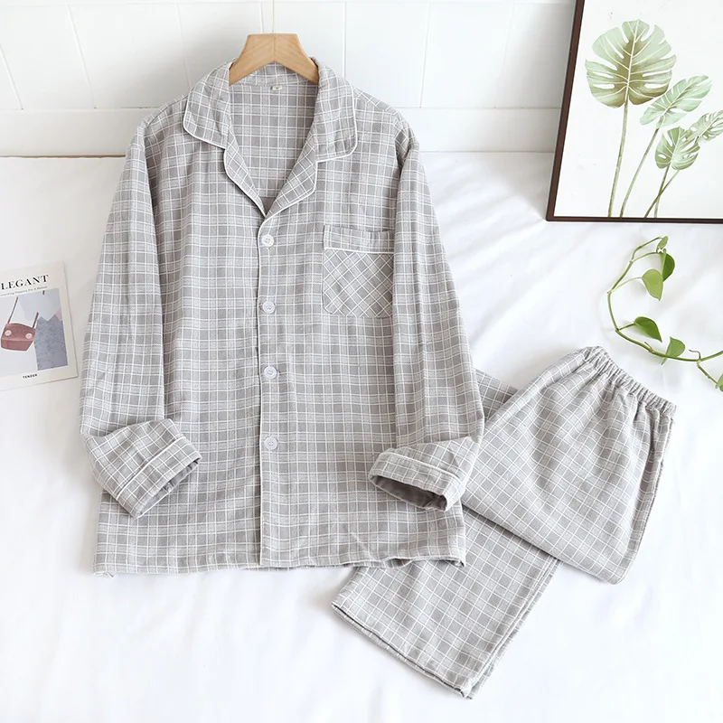 

Spring / Autumn Couple Pajamas Cotton Sanded Plaid Women's Pajamas Long Sleeve Trouser Suits Soft Comfortable Men Sleepwear 2021