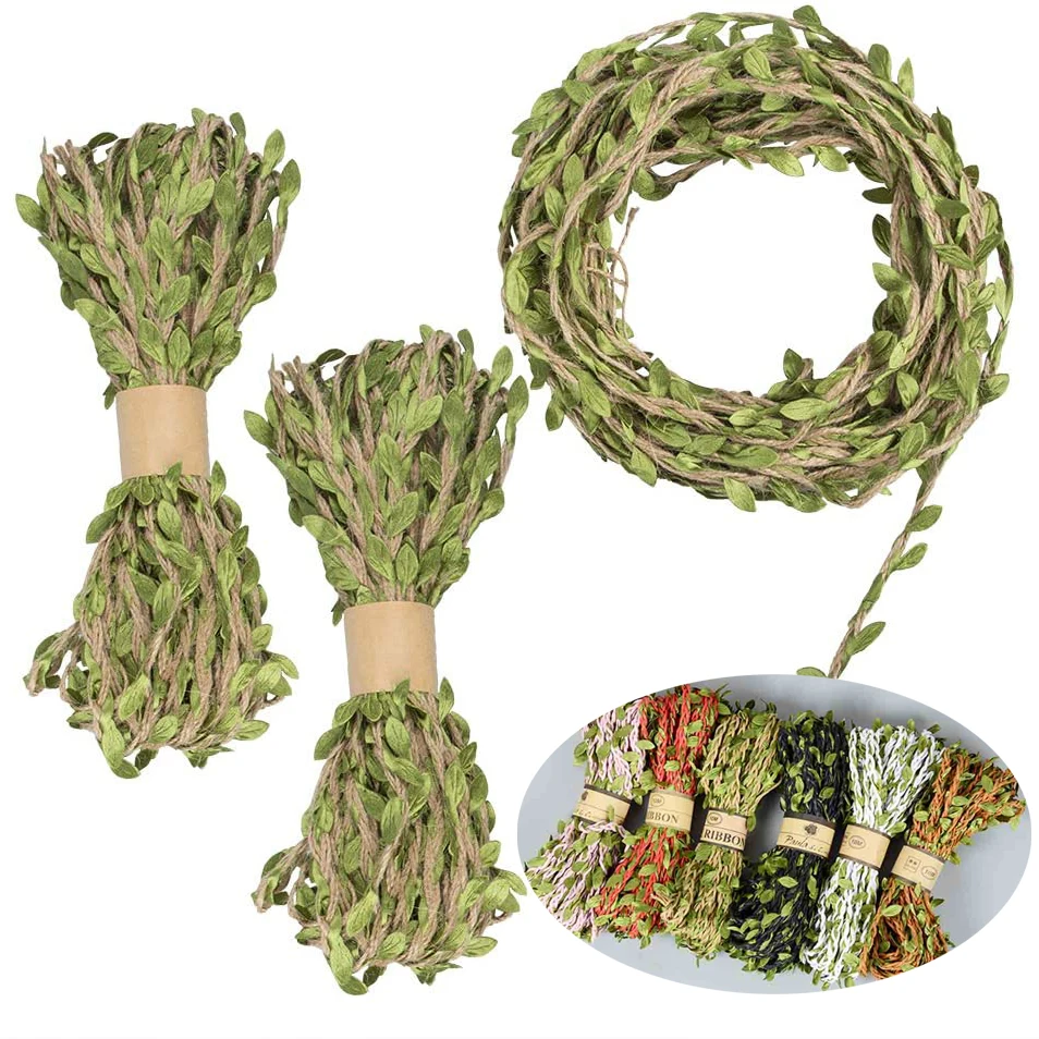 

5Meter/lot Natural Jute Twine 5MM Burlap Leaf Ribbon with Artificial Vine Green Leaves for DIY Crafts Wedding Garden Party Decor