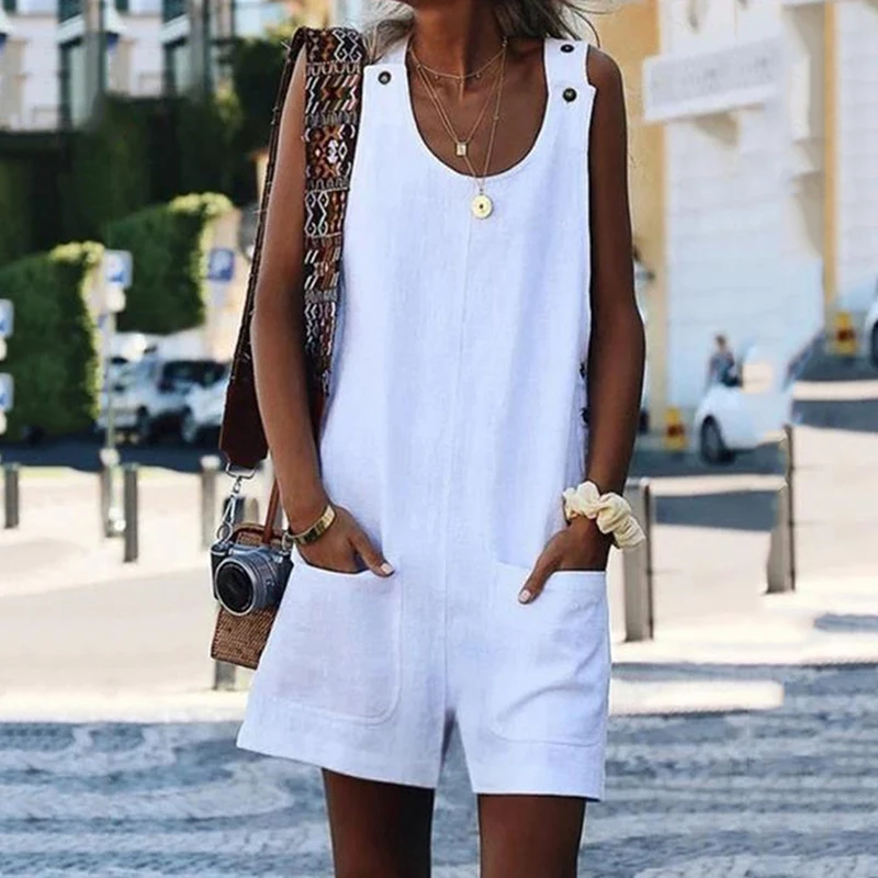 Sleeveless Linen Overall Jumpsuit Homewear Women 2021 Summer Cotton Linen Loose Casual Playsuit Combinaison Femmel Dropshipping