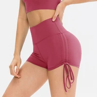 women sports shorts solid color nylon stretch tights cycling shorts drawstring fitness gym yoga high waist shorts