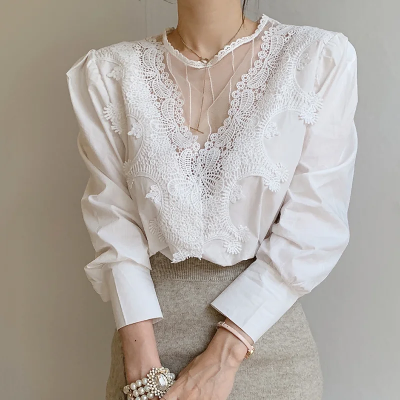 

Блузка женская кружевная с глубоким вырезом, элегантная однотонная Облегающая рубашка с длинными рукавами-фонариками, с V-образным вырезом, весна 2019