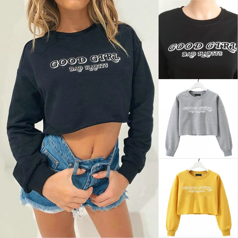 

Women Letter Print T-shirt Loose Long-sleeve Tops Round Neck Short Sweater Female Casual Pullover Autumn Harajuku Sweatshirt