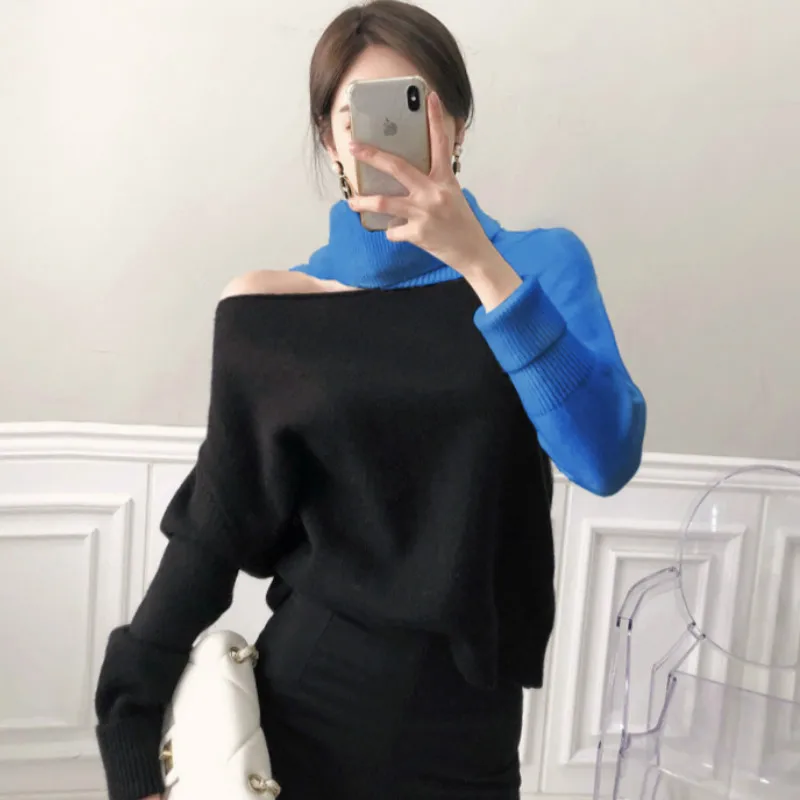 

2020 Korea Winter Off Shoulder Turtleneck Color Patchwork Loose Casual Knitted Sweater Pullover Top