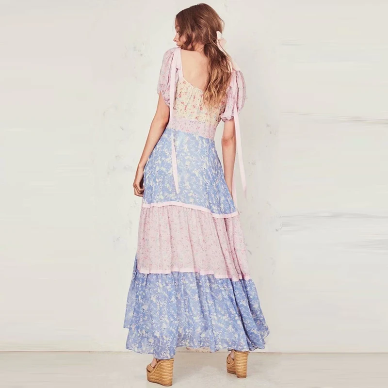 Boho loveshack/летнее платье с квадратным вырезом и оборками, тонкое шелковое платье с высокой талией, праздничное платье для блогеров в стиле пэчворк