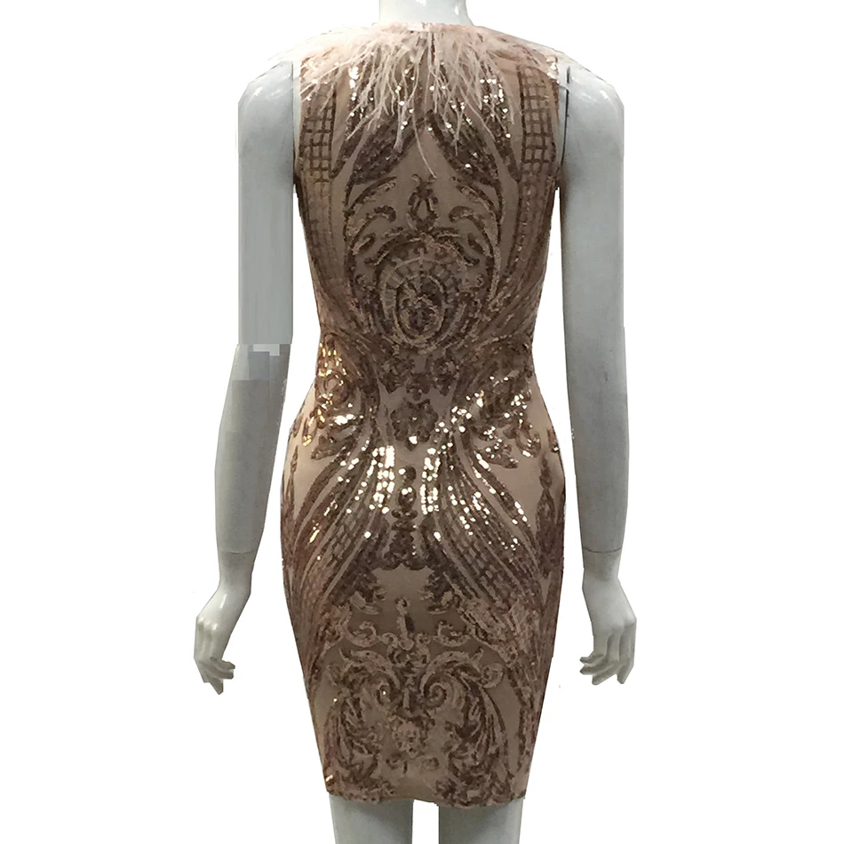 

2021 Summer Women's New Apricot V-Neck Feather Sequin Bandage Dress Bodycon Club Celebrity Party Dress Vestidos