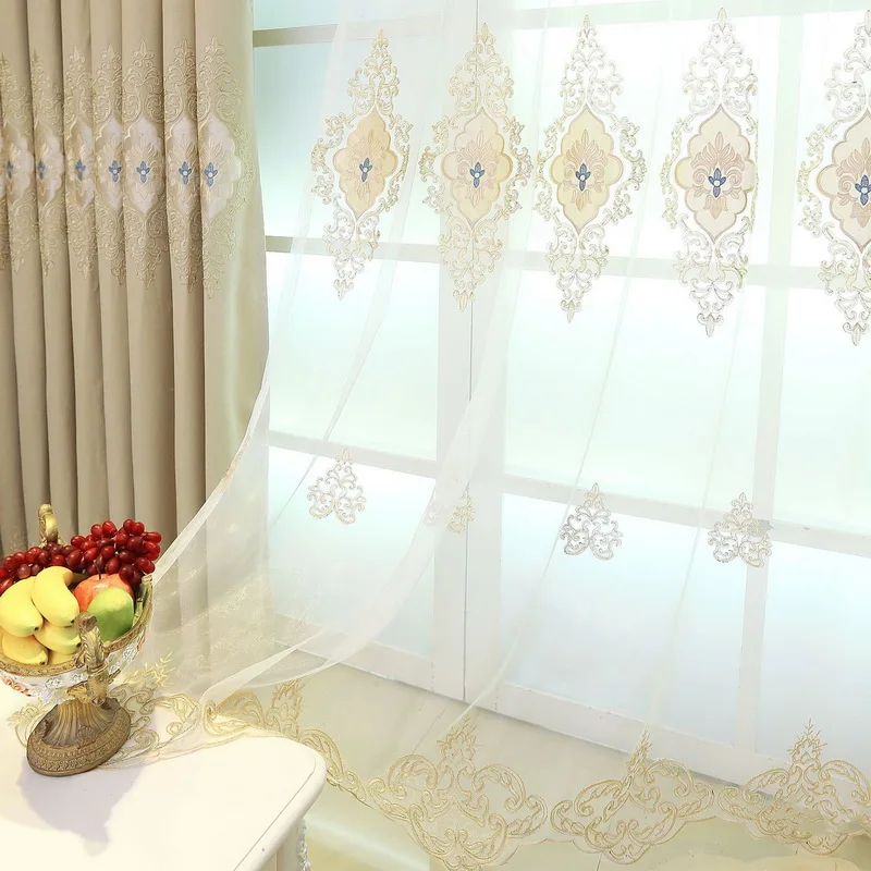 

Luxury Blue Europe Embroidered Blackout Curtain for Living room Bedroom Villa Beige Fabric Sheer Voile Screen Panel M122F