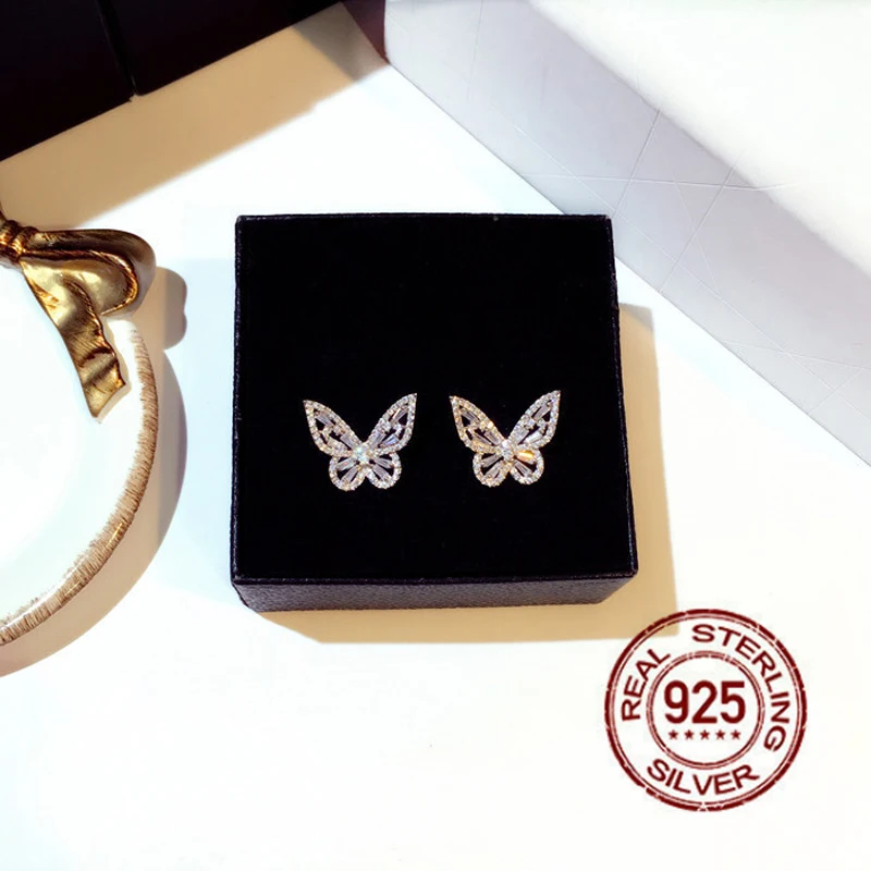 S925 Silver Earrings necklace Full zircon Butterfly Female Temperament Korean Personality Simple Wild Net Red | Украшения и