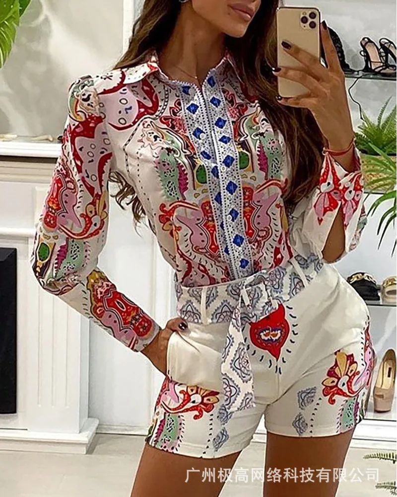 

white print short suit Women 2021 new summer with belt