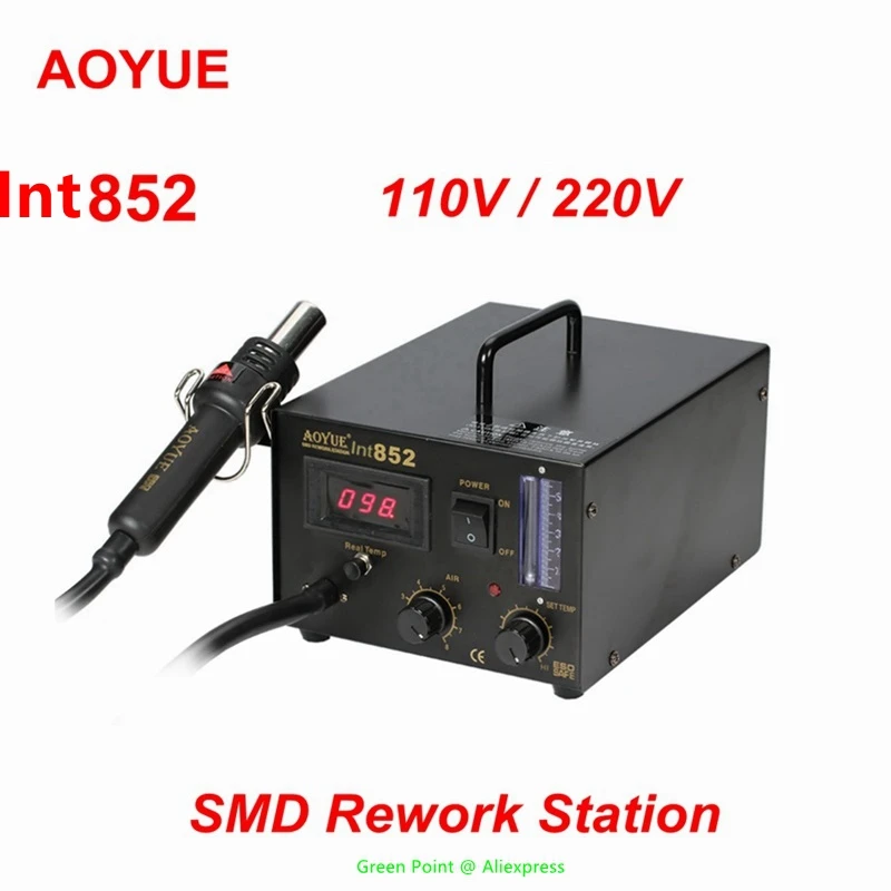Black Pump Type AOYUE Int 852 Hot Air SMD Rework Soldering Station With Digital Display Anti-Static Design IC Repair Solder Tool